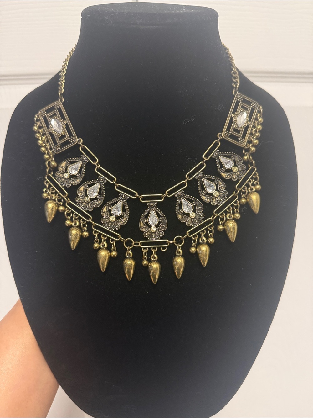 Vintage Boho Bib Necklace | Antique Gold Tone Crystal Teardrop Fringe Necklace